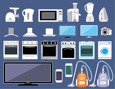 由不同家庭技术员卡通风格电子设备厨房家洗衣机和冰箱矢量图不同家庭技术员的横向幅